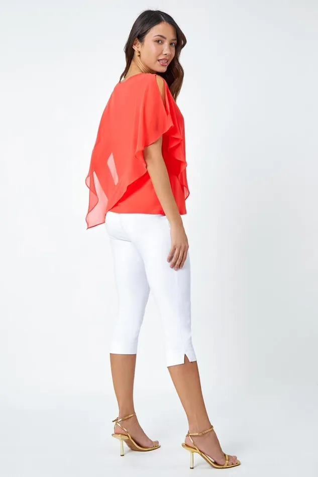 Coral Asymmetric Cold Shoulder Stretch Chiffon Top Women Roman Tops