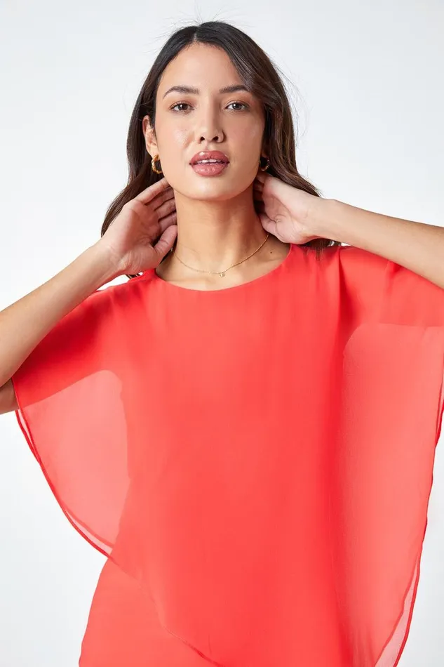 Coral Asymmetric Cold Shoulder Stretch Chiffon Top Women Roman Tops