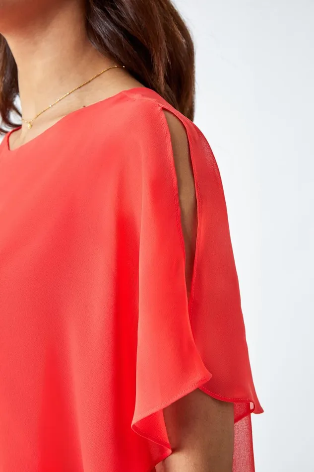 Coral Asymmetric Cold Shoulder Stretch Chiffon Top Women Roman Tops