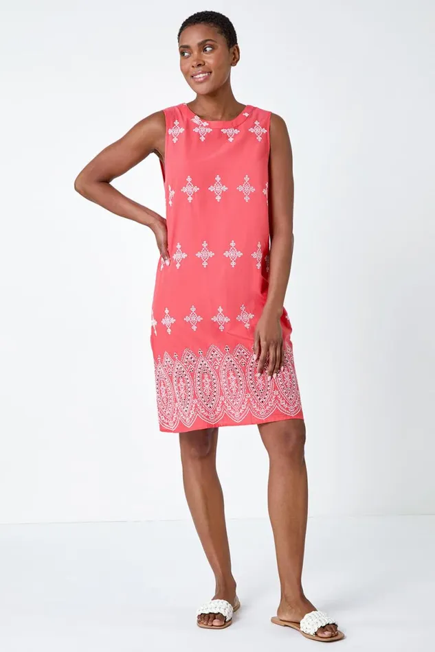 Coral Broderie Contrast Hem Cotton Shift Dress Women Roman Dresses