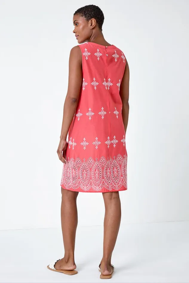 Coral Broderie Contrast Hem Cotton Shift Dress Women Roman Dresses