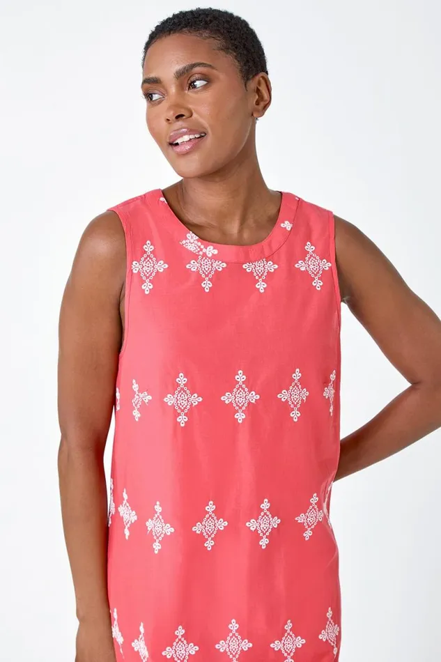 Coral Broderie Contrast Hem Cotton Shift Dress Women Roman Dresses