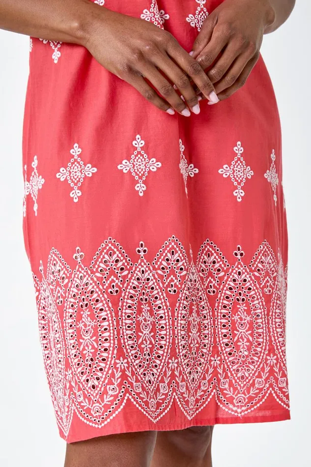 Coral Broderie Contrast Hem Cotton Shift Dress Women Roman Dresses