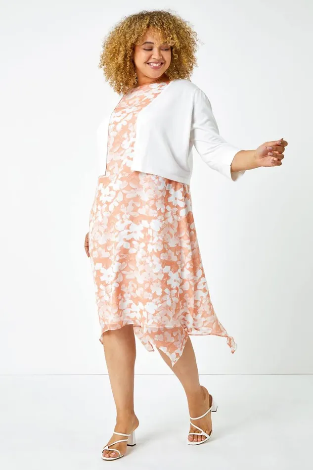 Coral Curve Floral Hanky Hem Chiffon Dress Women Roman Dresses