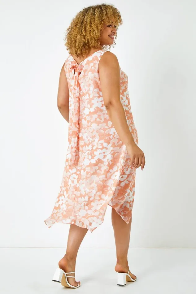 Coral Curve Floral Hanky Hem Chiffon Dress Women Roman Dresses