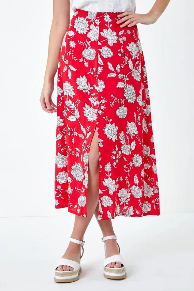 Coral Floral Button Detail A Line Midi Skirt Women Roman Skirts