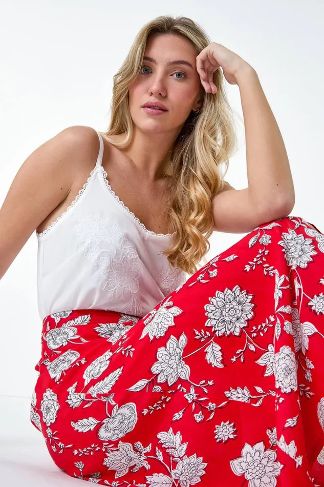 Coral Floral Button Detail A Line Midi Skirt Women Roman Skirts