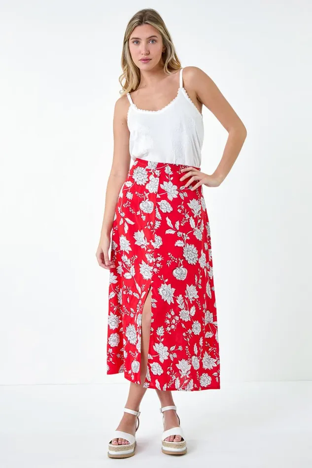 Coral Floral Button Detail A Line Midi Skirt Women Roman Skirts