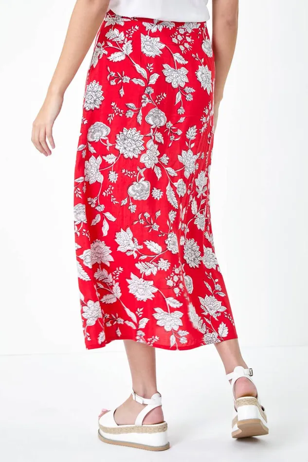 Coral Floral Button Detail A Line Midi Skirt Women Roman Skirts