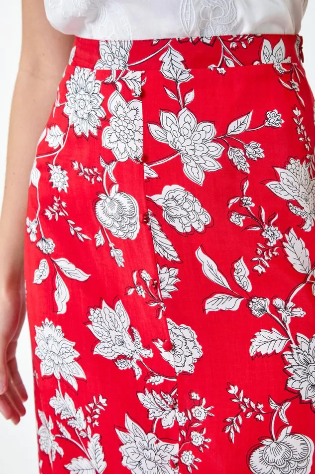 Coral Floral Button Detail A Line Midi Skirt Women Roman Skirts