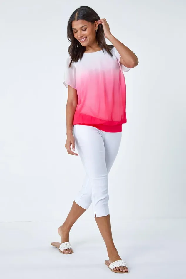Coral Ombre Chiffon Overlay Blouson Top Women Roman Tops