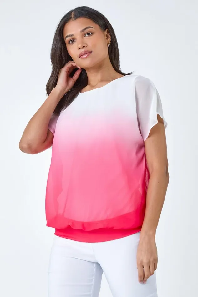 Coral Ombre Chiffon Overlay Blouson Top Women Roman Tops