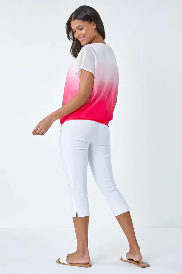 Coral Ombre Chiffon Overlay Blouson Top Women Roman Tops