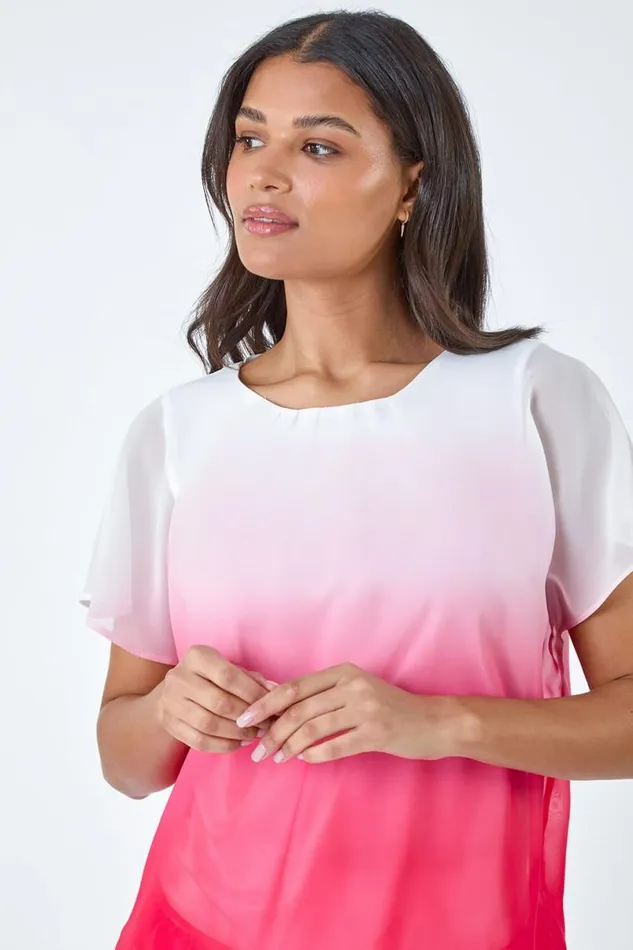 Coral Ombre Chiffon Overlay Blouson Top Women Roman Tops