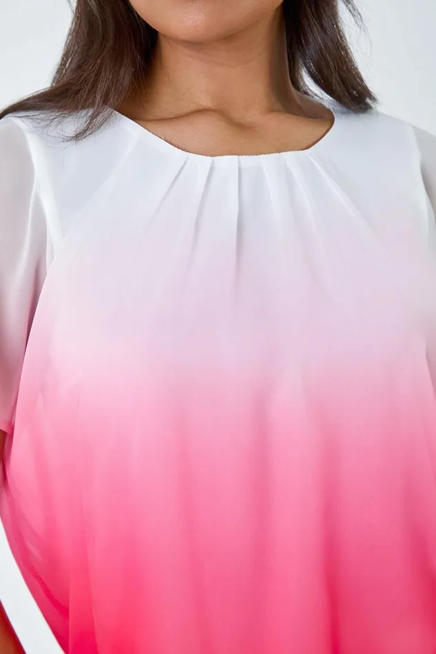 Coral Ombre Chiffon Overlay Blouson Top Women Roman Tops