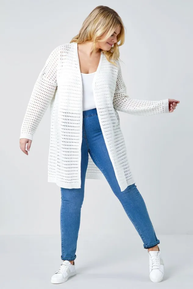 Cream Curve Pointelle Longline Cardigan Women Roman Knitwear