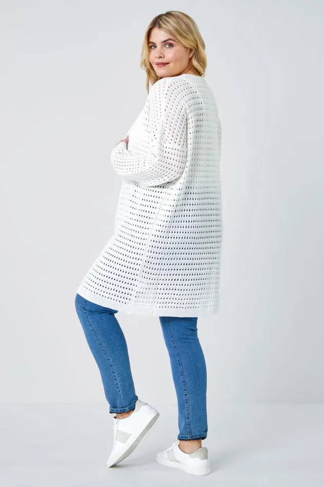 Cream Curve Pointelle Longline Cardigan Women Roman Knitwear