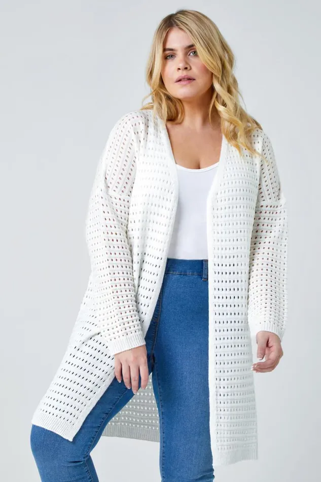 Cream Curve Pointelle Longline Cardigan Women Roman Knitwear