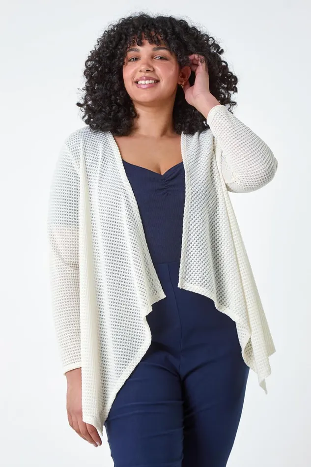 Cream Curve Textured Waterfall Cardigan Women Roman Tops