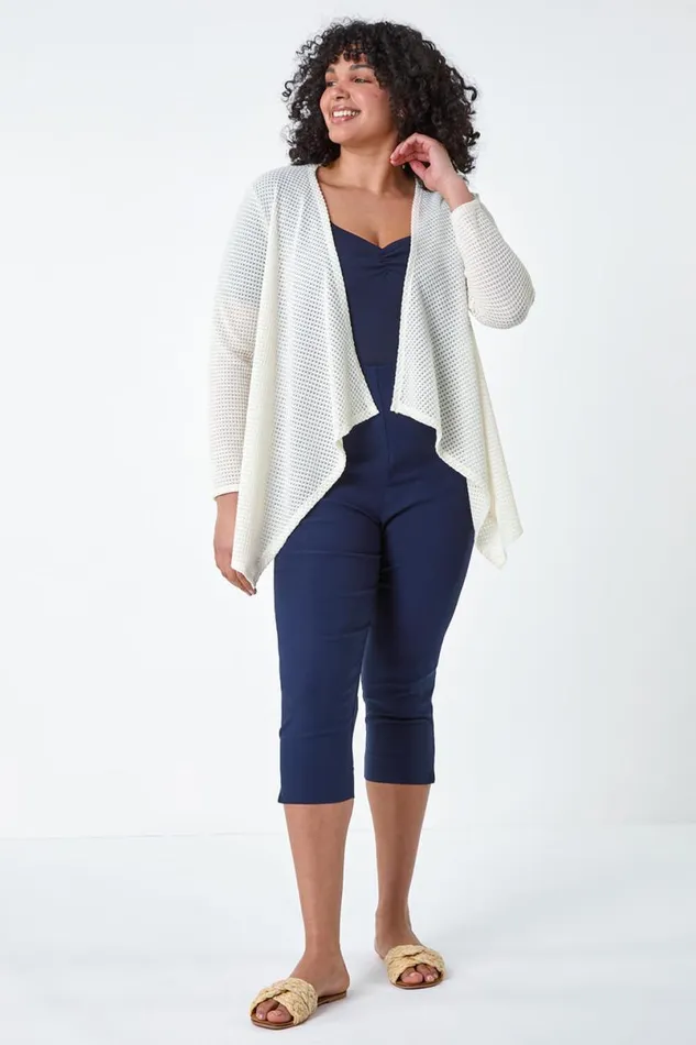 Cream Curve Textured Waterfall Cardigan Women Roman Tops