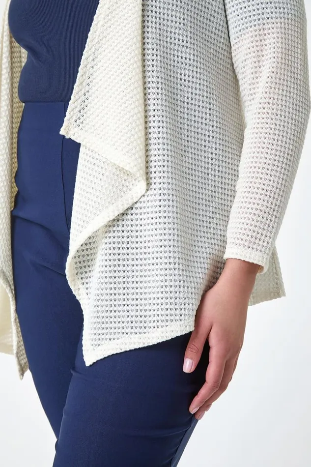 Cream Curve Textured Waterfall Cardigan Women Roman Tops