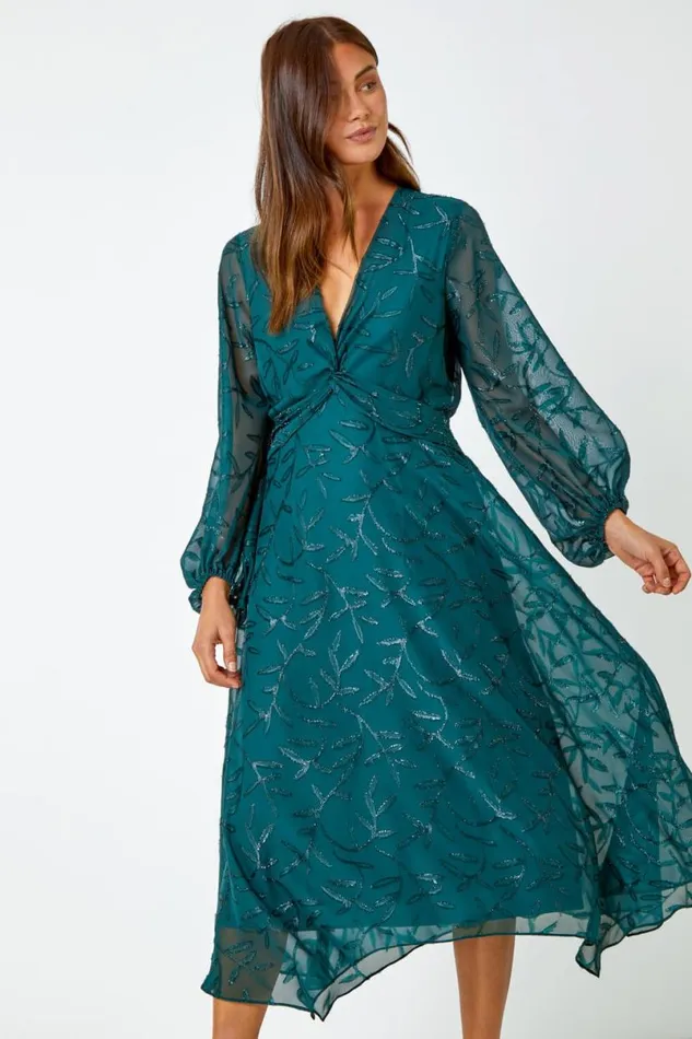 Dark Green Floral Textured Twist Front Chiffon Midi Dress Women Roman Dresses