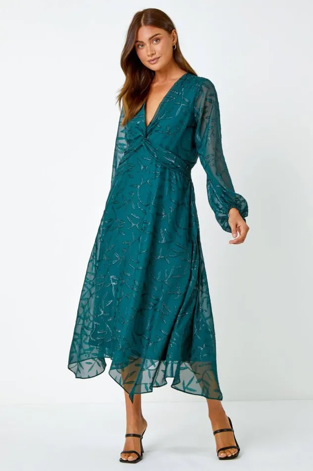 Dark Green Floral Textured Twist Front Chiffon Midi Dress Women Roman Dresses