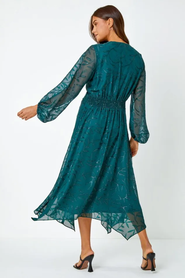 Dark Green Floral Textured Twist Front Chiffon Midi Dress Women Roman Dresses