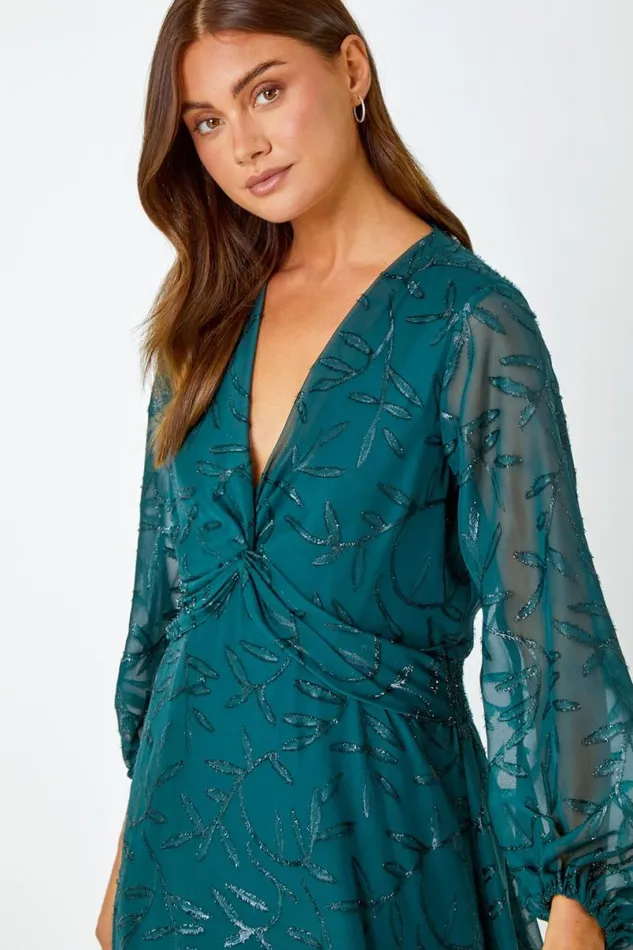 Dark Green Floral Textured Twist Front Chiffon Midi Dress Women Roman Dresses