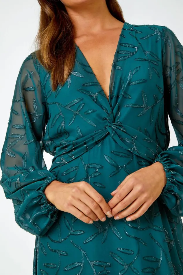 Dark Green Floral Textured Twist Front Chiffon Midi Dress Women Roman Dresses