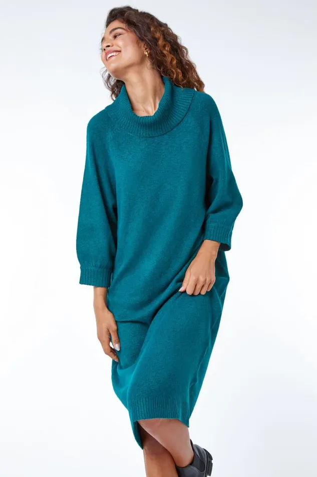 Dark Green Roll Neck Knitted Midi Dress Women Roman Dresses
