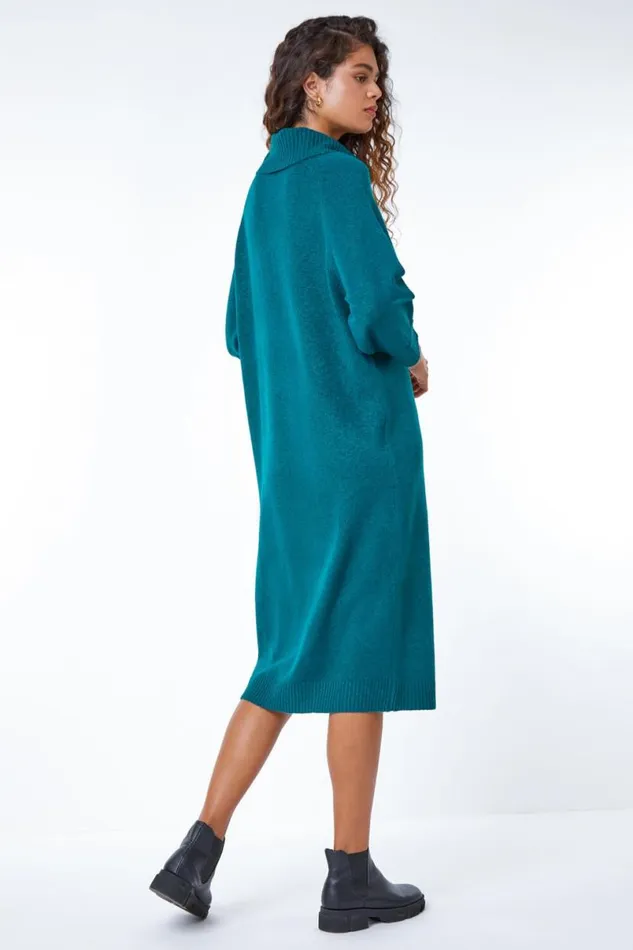 Dark Green Roll Neck Knitted Midi Dress Women Roman Dresses