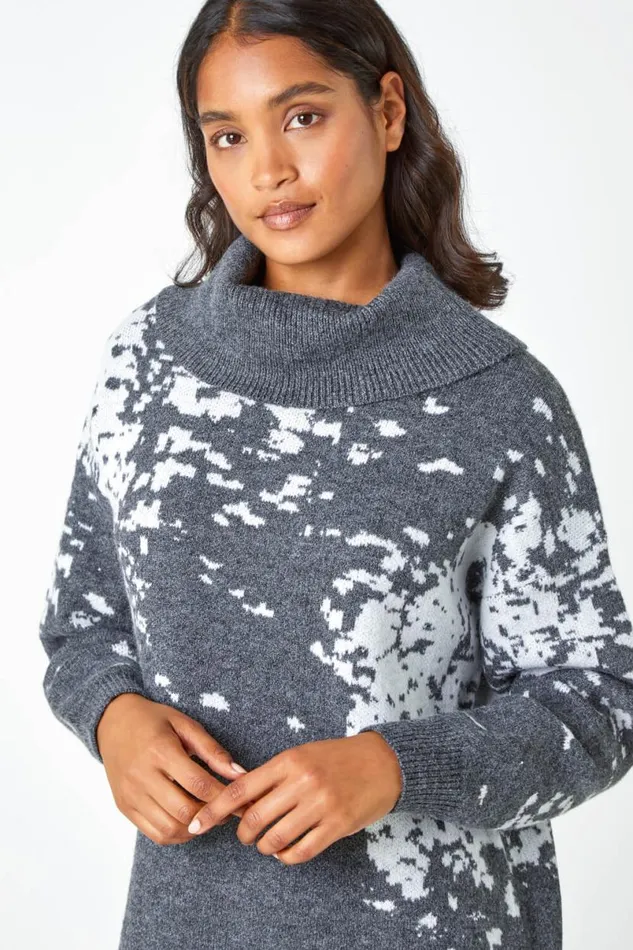 Dark Grey Abstract Print Cowl Neck Jumper Dress Women Roman Dresses