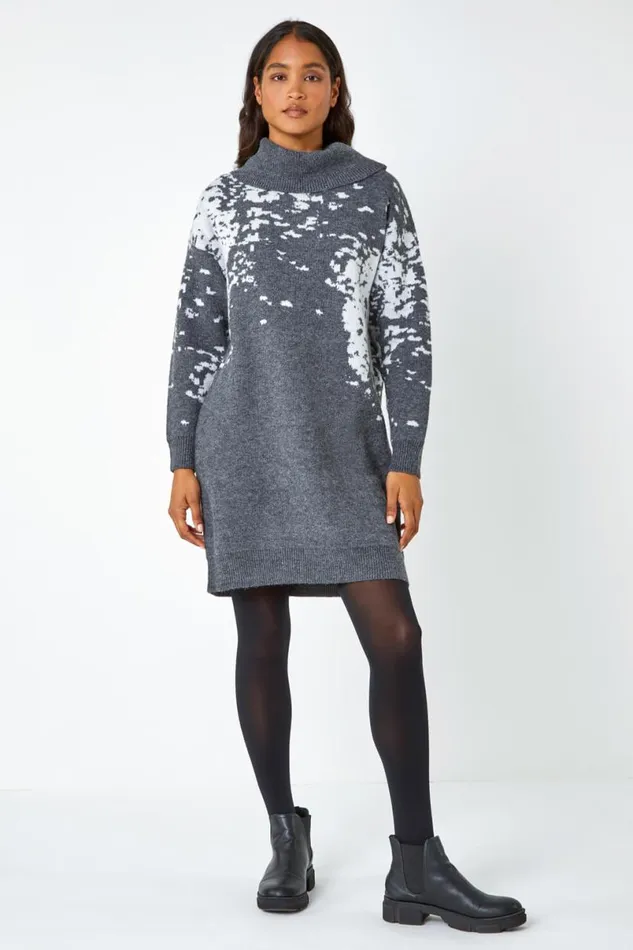 Dark Grey Abstract Print Cowl Neck Jumper Dress Women Roman Dresses
