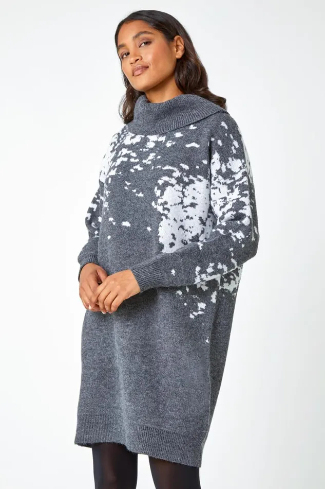 Dark Grey Abstract Print Cowl Neck Jumper Dress Women Roman Dresses