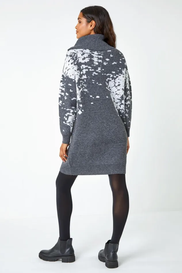 Dark Grey Abstract Print Cowl Neck Jumper Dress Women Roman Dresses