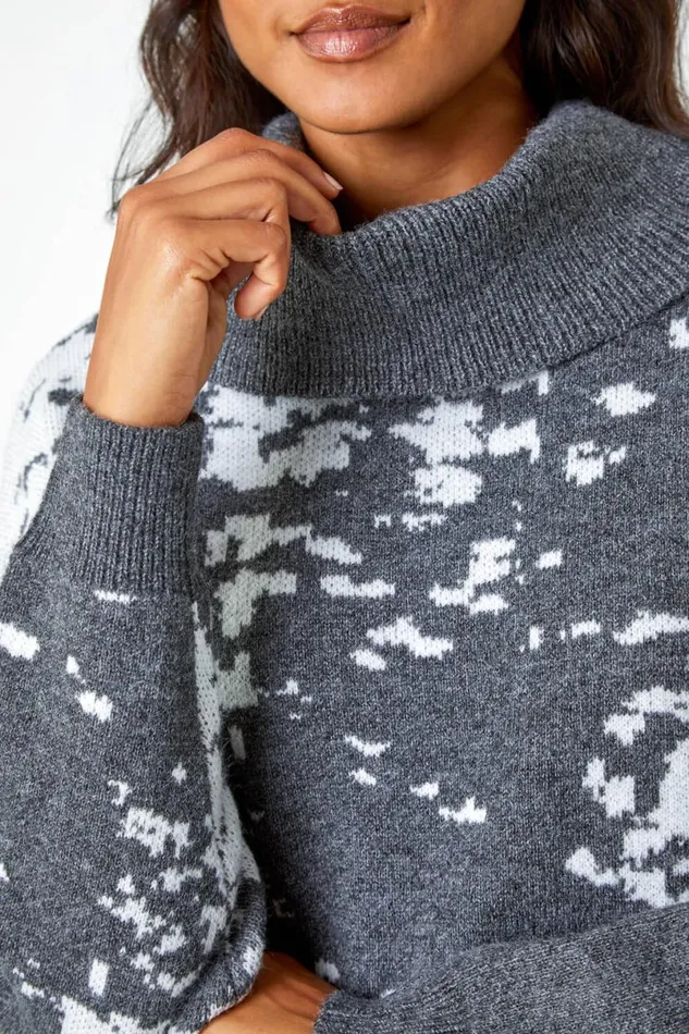 Dark Grey Abstract Print Cowl Neck Jumper Dress Women Roman Dresses