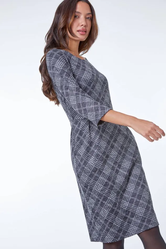 Dark Grey Checked Pleat Front Dress Women Roman Dresses