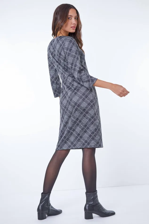 Dark Grey Checked Pleat Front Dress Women Roman Dresses