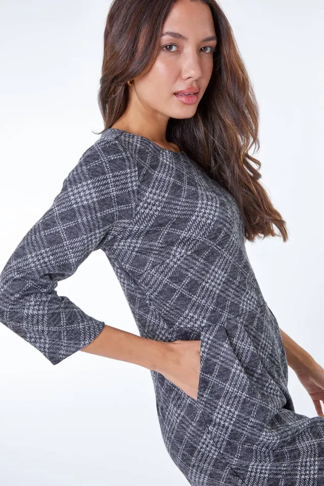 Dark Grey Checked Pleat Front Dress Women Roman Dresses