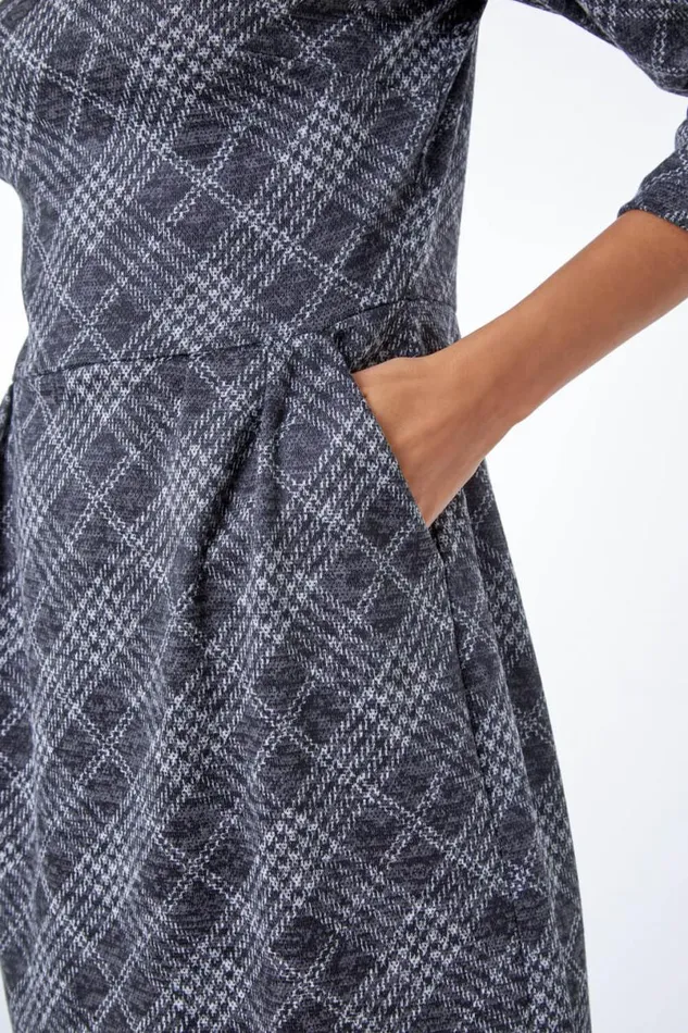 Dark Grey Checked Pleat Front Dress Women Roman Dresses
