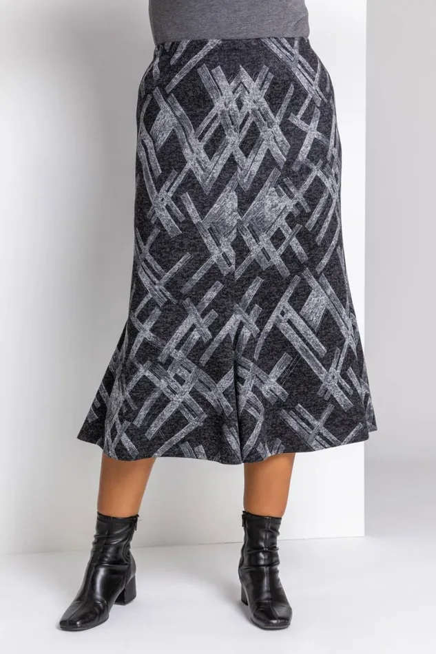 Dark Grey Curve Abstract Cross Print Fluted Skirt Women Roman Skirts