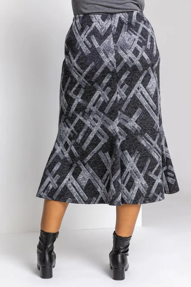 Dark Grey Curve Abstract Cross Print Fluted Skirt Women Roman Skirts