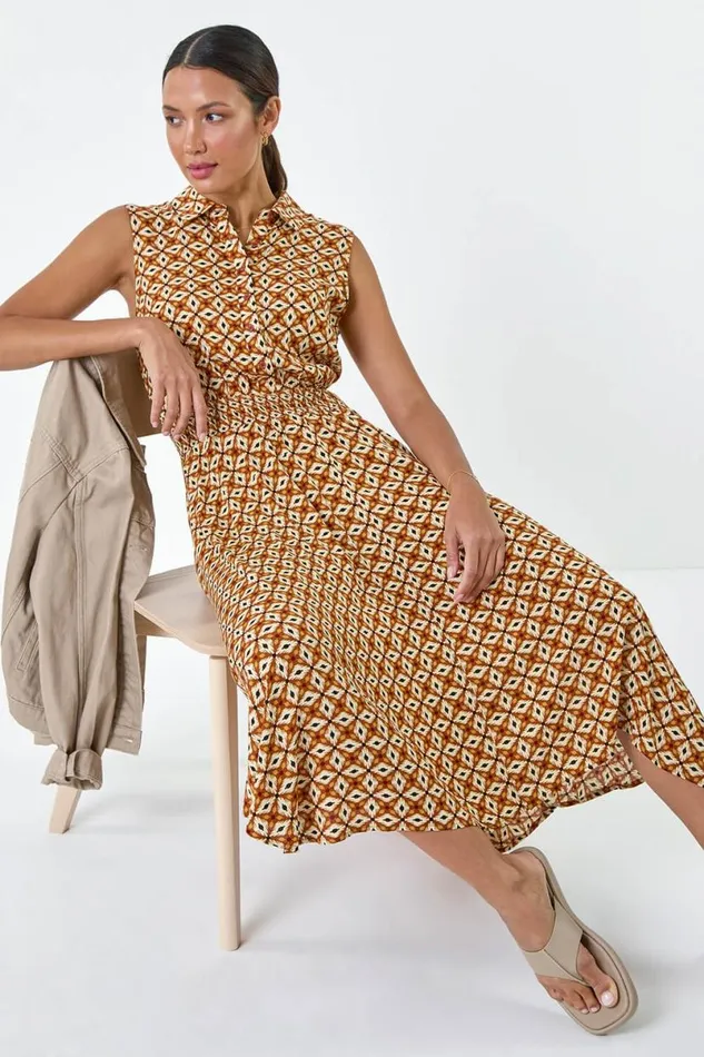 Dark Orange Geometric Hanky Hem Stretch Midi Dress Women Roman Dresses