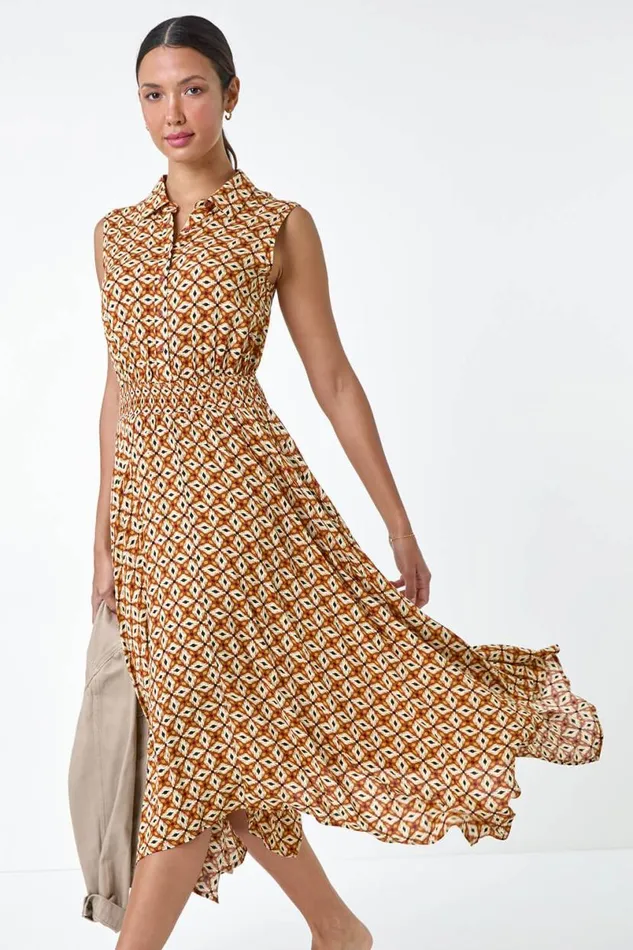 Dark Orange Geometric Hanky Hem Stretch Midi Dress Women Roman Dresses