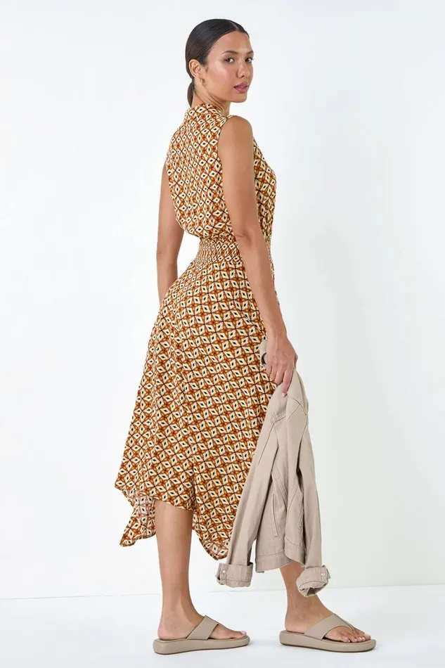 Dark Orange Geometric Hanky Hem Stretch Midi Dress Women Roman Dresses