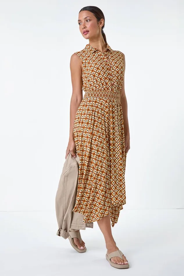 Dark Orange Geometric Hanky Hem Stretch Midi Dress Women Roman Dresses