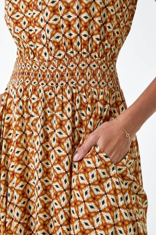 Dark Orange Geometric Hanky Hem Stretch Midi Dress Women Roman Dresses