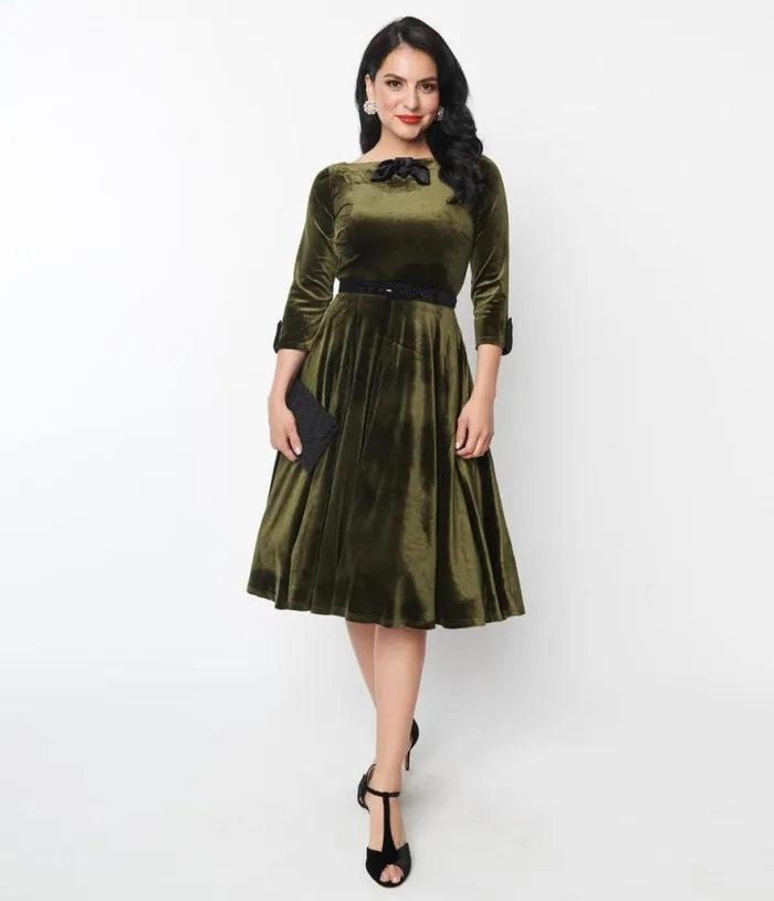 Deep Olive Green Velvet Faux Bow Devon Swing Dress DressesPlus Unique Vintage Pocket Dresses