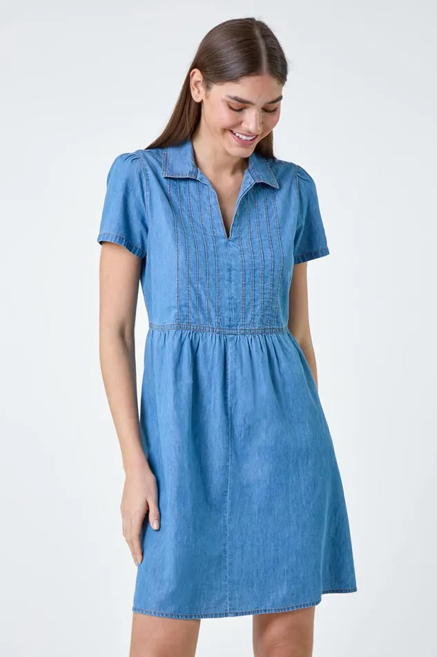 Denim Cotton Denim Collared Dress Women Roman Dresses
